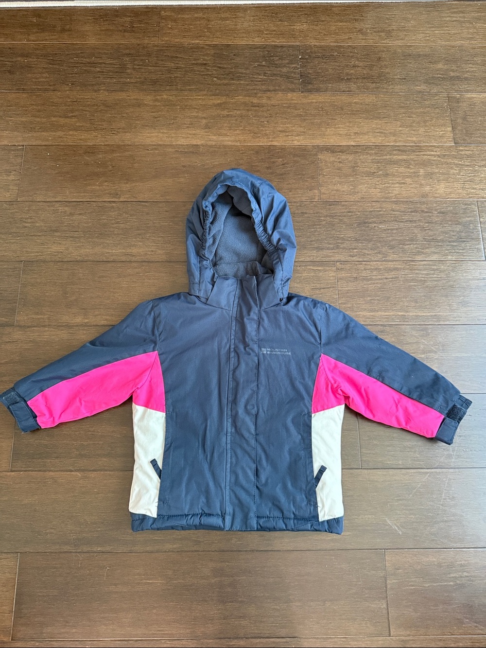 Kids Hooded Colorblock Puffer Jacket in Navy, Pink & Cream
